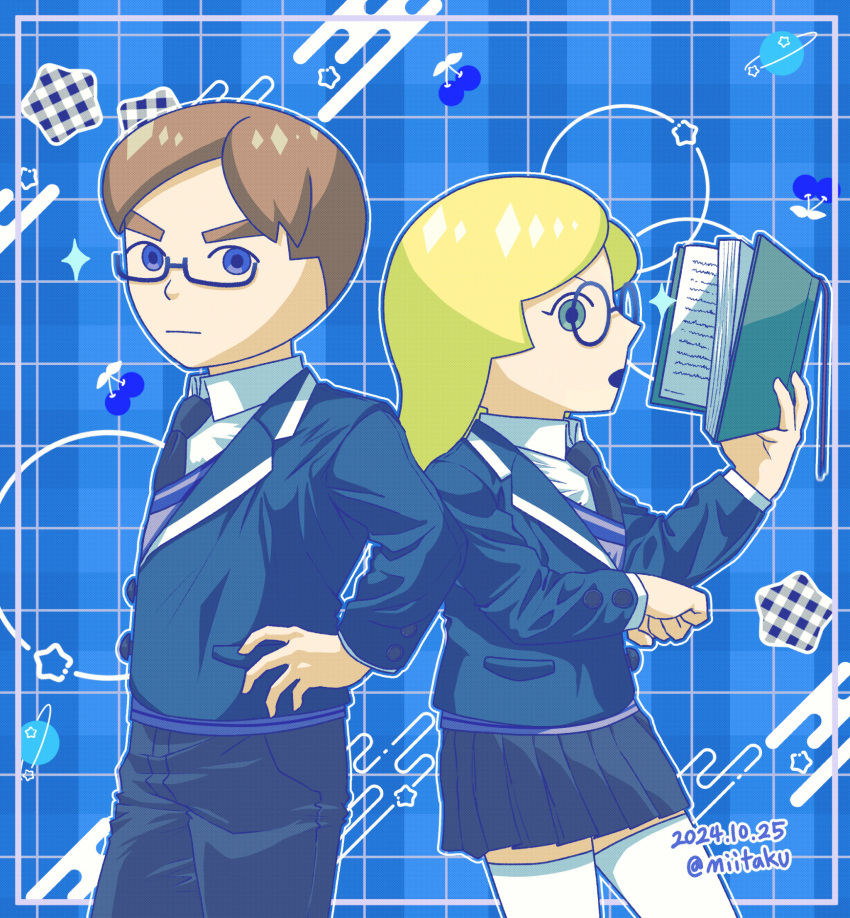 1boy, 1girl, animification, blonde_hair, blue_background, blue_eyes, blue_necktie, blue_skirt