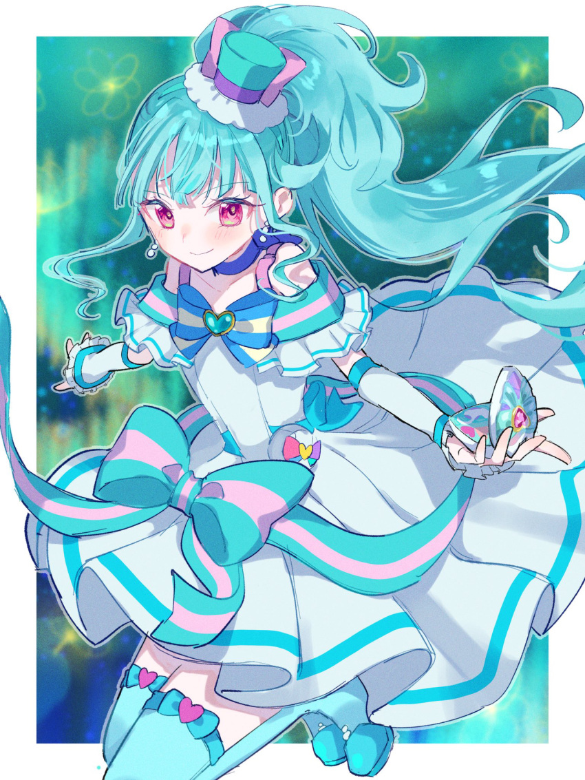 1girl, aqua_bow, aqua_hair, aqua_hat, aqua_sash, blue_bow, blue_bowtie, blue_choker