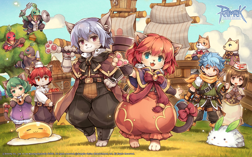 4boys, 4girls, :3, acolyte_(ragnarok_online), animal_ears, apple, barefoot, black_gloves, black_pants, blue_eyes, blue_hair, blue_sky, boat, boots, bow, bowtie, box, brown_capelet, brown_eyes, brown_footwear, brown_hair, brown_shirt, capelet, cat_boy, cat_ears, cat_girl, cat_tail, closed_mouth, clouds, combat_basilisk, copyright_notice, cross, day, dog_boy, dog_ears, dog_girl, dress, eggring, fang, fingerless_gloves, food, fruit, full_body, furry, furry_female, furry_male, glasses, gloves, grass, green_eyes, green_hair, green_vest, hammer, hat, highres, holding, holding_box, holding_hammer, holding_shield, holding_staff, holding_sword, holding_weapon, jindou_(ragnarok_online), lasagna_tool_merchant, logo, long_sleeves, looking_at_viewer, lunatic_(ragnarok_online), multiple_boys, multiple_girls, nurse_cap, official_alternate_costume, official_art, official_wallpaper, open_mouth, orange_dress, orange_eyes, orange_hair, outdoors, pants, pawpads, purple_capelet, rabbit, ragnarok_online, ranger_(ragnarok_online), red-framed_eyewear, red_bow, red_bowtie, redhead, sail, sailboat, scarf, scout_basilisk, shere_(ragnarok_online), shield, shigatake, shirt, shiva_(ragnarok_online), short_hair, short_sleeves, skirt, sky, smile, snake, staff, summoner_(ragnarok_online), sword, tail, tail_bow, tail_ornament, vambraces, vest, watercraft, weapon, white_capelet, white_hat, white_shirt, white_skirt, yellow_scarf