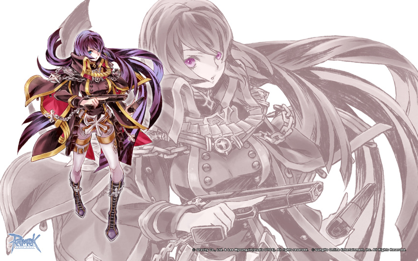 1girl, artist_request, belt, black_coat, black_footwear, blue_eyes, boots, breasts