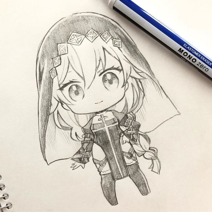 1girl, bad_id, bad_instagram_id, black_dress, boots, braid, braided_ponytail, chibi, closed_mouth, dress, full_body, graphite_(medium), honkai_(series), honkai_impact_3rd, kallen_kaslana, long_hair, long_sleeves, looking_at_viewer, nun, pelvic_curtain, pencil, puffy_long_sleeves, puffy_sleeves, rra13l, solo, thigh_boots, traditional_media, veil