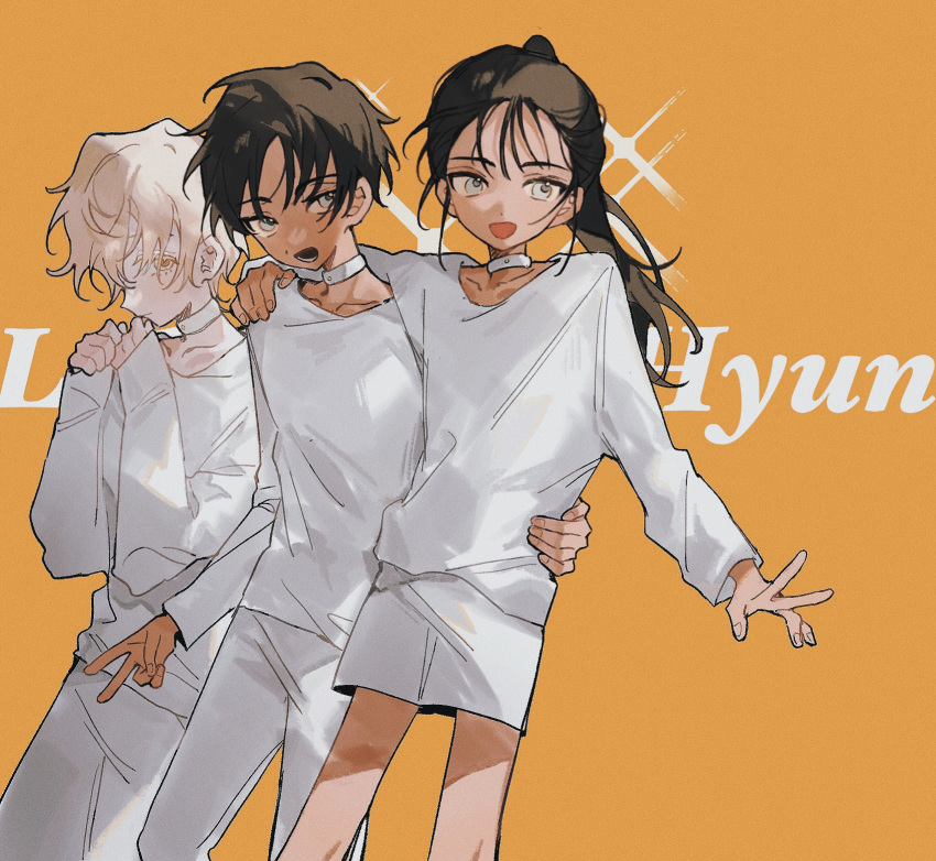 1girl, 2boys, alien_stage, arm_around_shoulder, blonde_hair, brother_and_sister, brown_hair, character_name