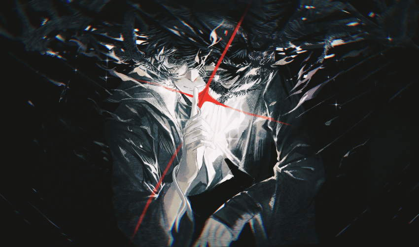 absurdres, amon_(lord_of_the_mysteries), animal, baicumikuo, bird, black_bird, black_eyes, chromatic_aberration, closed_mouth, eyelashes, glasses, highres, long_sleeves, looking_at_viewer, lord_of_the_mysteries, one_eye_covered, red_pupils, round_eyewear, smile, snake, upper_body