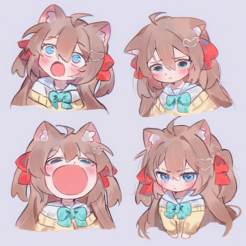 1girl, ahoge, animal_ear_fluff, animal_ears, aqua_bow, aqua_bowtie, aqua_eyes, blush