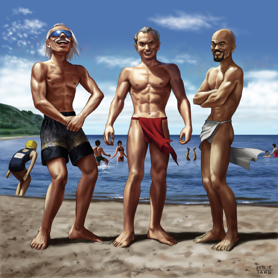 beach, beard, facial_hair, fundoshi, grey_hair, inugami-ke_no_ichizoku_pose, male, manly