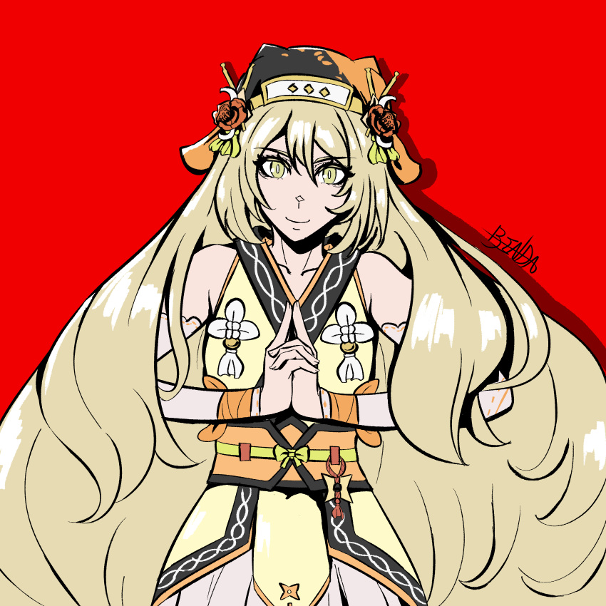 1girl, absurdres, binda_(crossgenesis), blonde_hair, bow, celine_(fire_emblem), celine_(ninja)_(fire_emblem), fire_emblem, fire_emblem_engage, fire_emblem_heroes, flower, green_eyes, highres, kuji-in, long_hair, ninja, obijime, orange_bow, orange_flower, skirt, smile, solo, very_long_hair, white_skirt, wrist_bow
