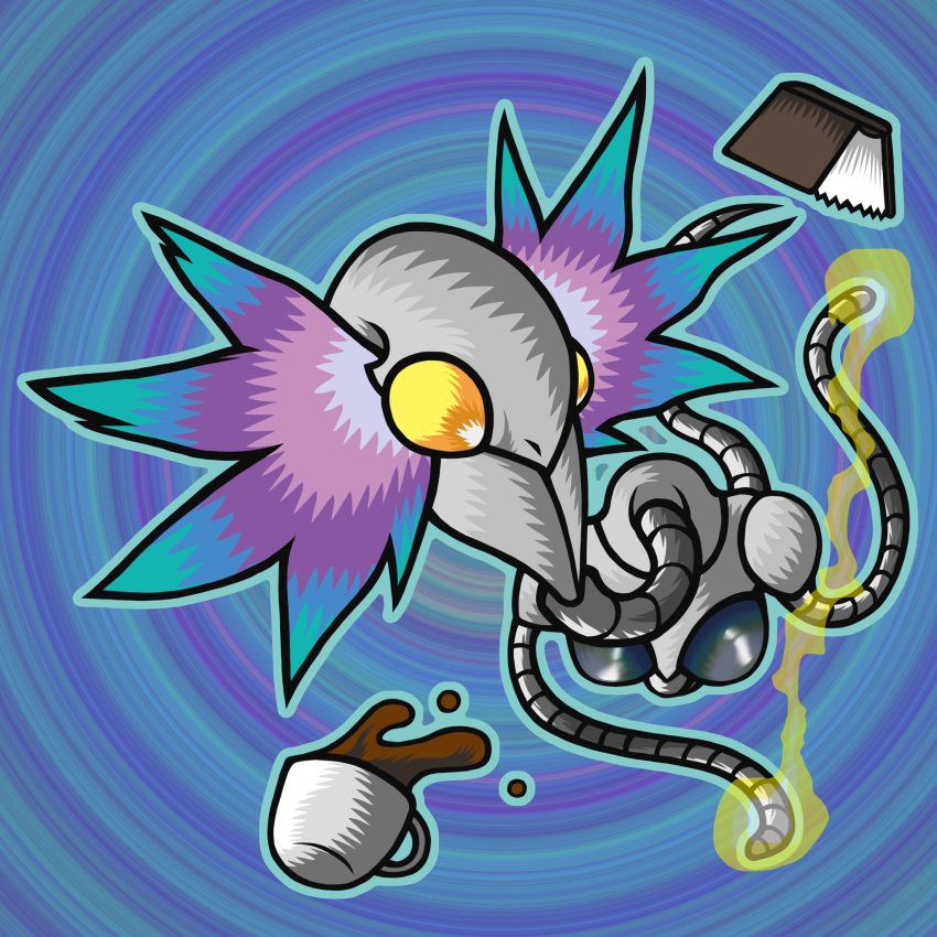 alien, alien_psychic, armor, book, cafe, chibi, coffee, coffee_mug, cup, duel_monster, exoskeleton, full_body, highres, monster, mug, no_hands, no_humans, no_mouth, shoulder_armor, simple_background, tentacles, tk_moai_create, yellow_eyes, yu-gi-oh!
