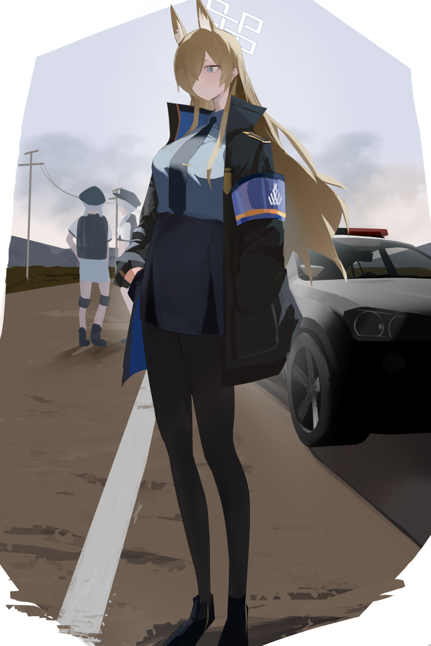 3girls, absurdres, animal_ears, armband, asymmetrical_bangs, black_footwear, black_jacket, black_necktie