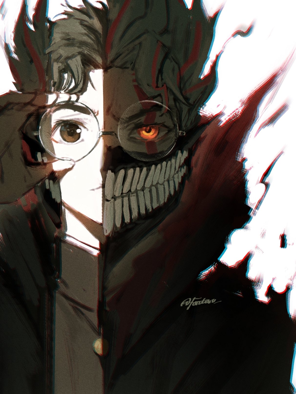 1boy, alternate_form, black_hair, brown_eyes, dandadan, facial_mark, forutaro, gakuran