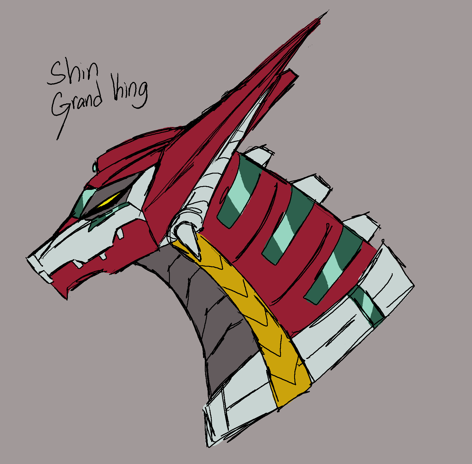 armor, character_name, cropped_shoulders, crossover, drill, english_text, flat_color, from_side