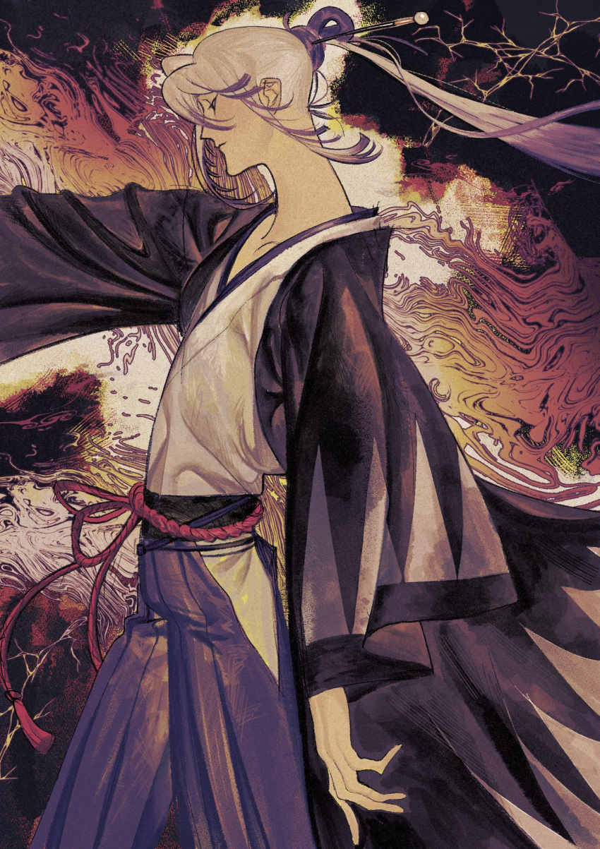 1other, abstract_background, blonde_hair, cowboy_shot, ebs407741, expressionless, from_side, highres, japanese_clothes, kimono, multicolored_hair, original, other_focus, pants, ponytail, purple_hair, purple_pants, rope_belt, solo, two-tone_hair