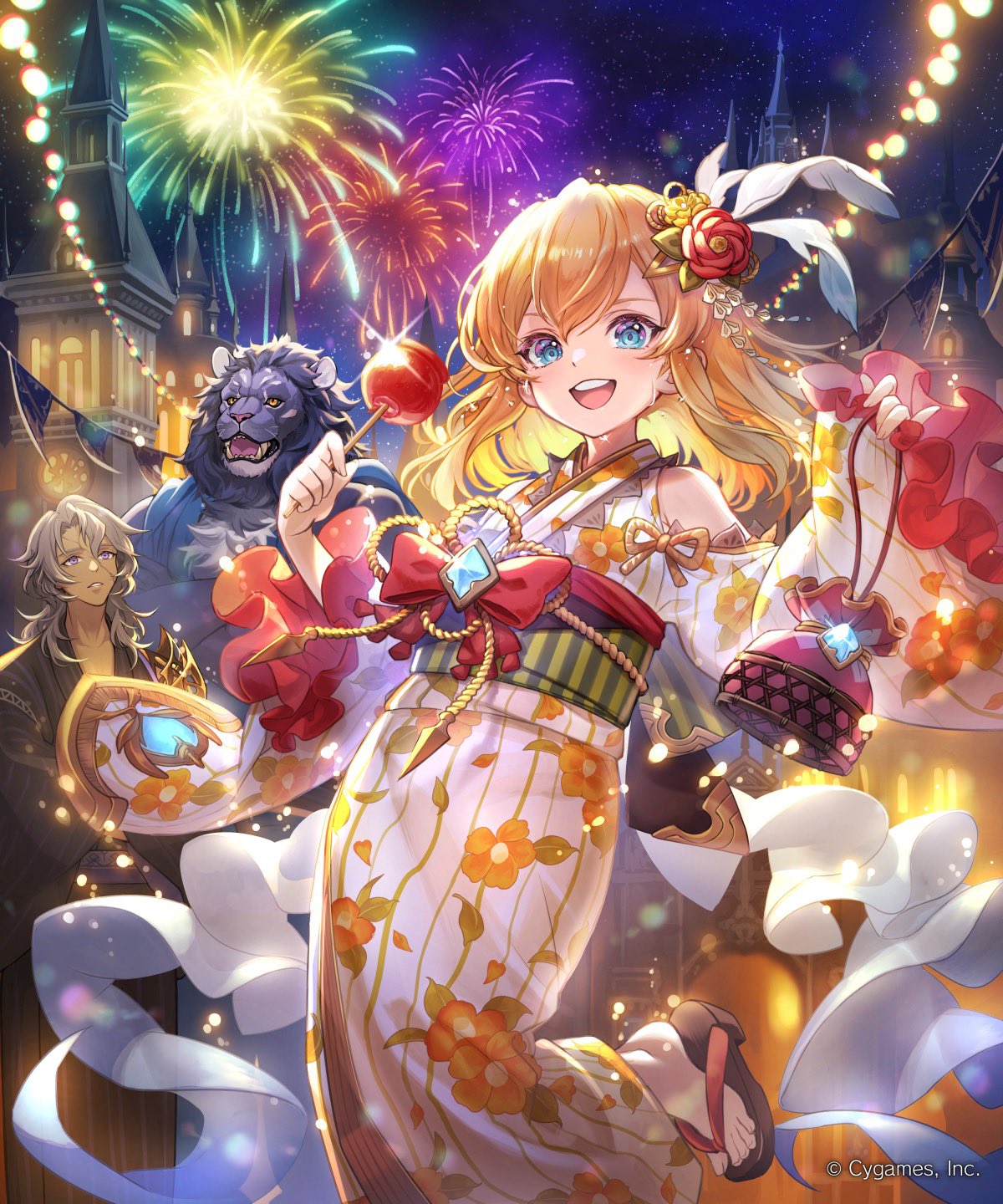 1girl, 2boys, aerial_fireworks, animal_ears, armor, bag, black_kimono, blonde_hair, blue_eyes, blush, bow, breasts, building, castle, clothing_cutout, collarbone, commentary_request, company_name, eleanor_(shadowverse), fangs, feathers, fireworks, floral_print, floral_print_kimono, flower, food, frilled_kimono, frills, furry, furry_male, grey_hair, hair_between_eyes, hair_flower, hair_ornament, hands_up, highres, holding, holding_bag, holding_food, japanese_clothes, kimono, light_particles, lion_boy, lion_ears, looking_at_viewer, medium_hair, mew_cat_1091, multiple_boys, nicola_(shadowverse), night, night_sky, obi, official_art, open_mouth, outdoors, parted_lips, print_kimono, red_bow, red_flower, sandals, sash, setus_(shadowverse), shadowverse, shoulder_armor, shoulder_cutout, sky, small_breasts, smile, standing, star_(sky), striped_clothes, striped_kimono, teeth, upper_teeth_only, violet_eyes, white_kimono, wide_sleeves, yellow_eyes, zouri
