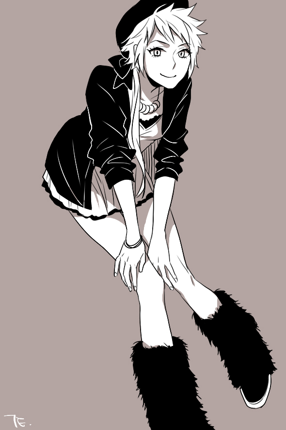 1girl, genderswap, hat, jacket, jewelry, leaning_forward, leg_warmers, long_hair