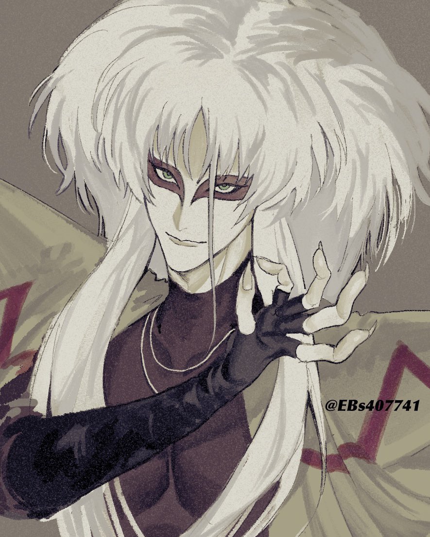 1boy, artist_name, big_hair, black_gloves, brown_background, ebs407741, eyeshadow, fingerless_gloves