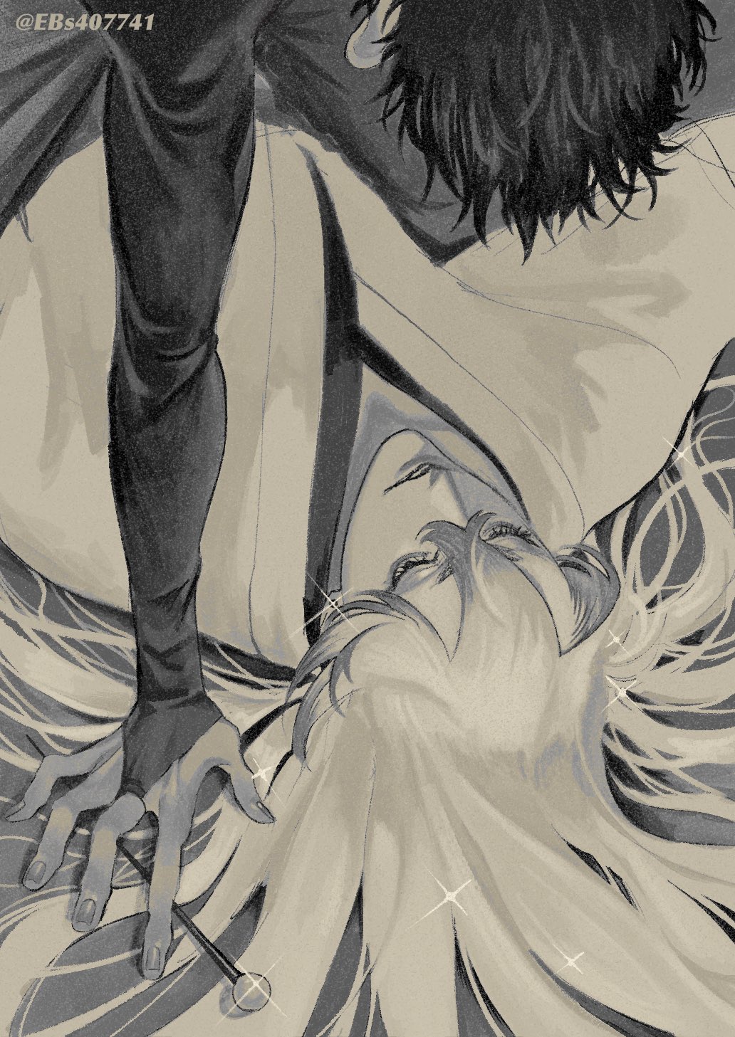 2boys, androgynous, artist_name, black_hair, ebs407741, grey_shirt, highres, japanese_clothes
