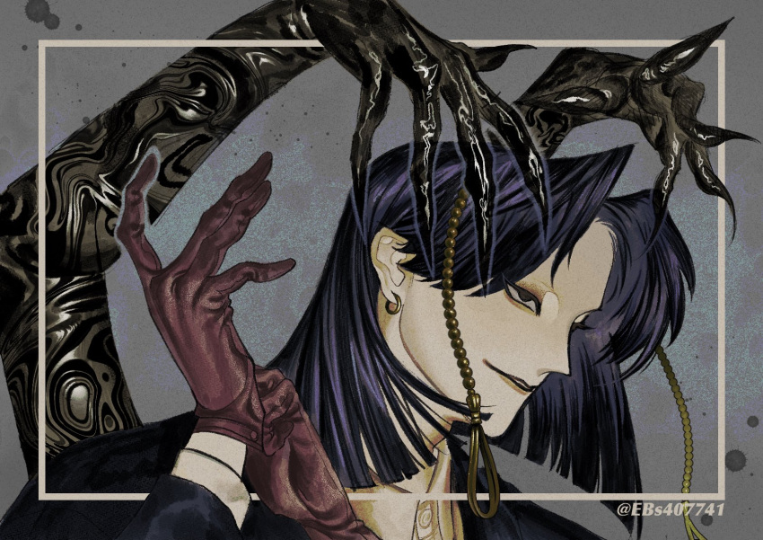 1other, abstract_background, black_eyes, black_hair, black_shirt, earrings, ebs407741, extra_arms