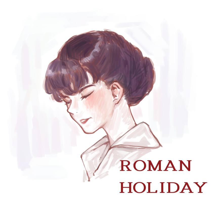 1girl, basil_(wgh0anzdple3asf), brown_hair, closed_eyes, collared_shirt, commentary_request, copyright_name, cropped_head