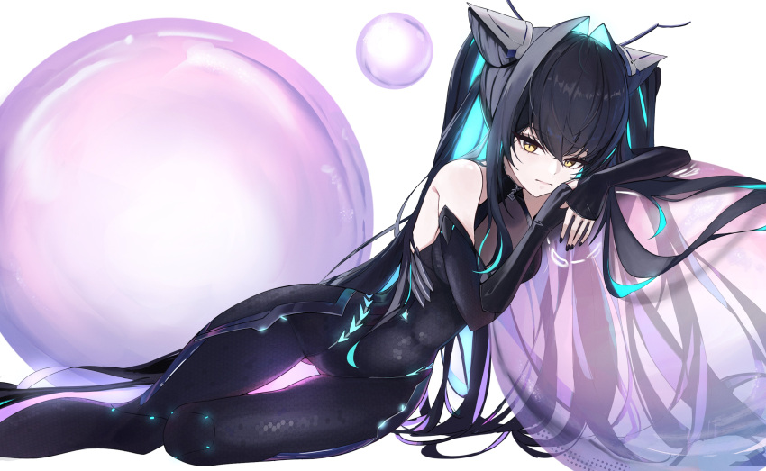 1girl, absurdres, ass_visible_through_thighs, bare_shoulders, black_hair, black_nails, bodysuit, breasts