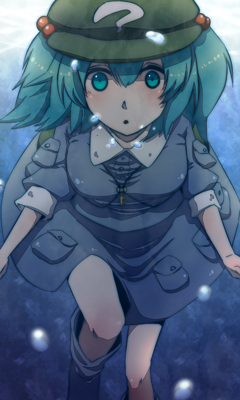blue_eyes, blue_hair, boots, hair_bobbles, hair_ornament, hat, kawashiro_nitori, key
