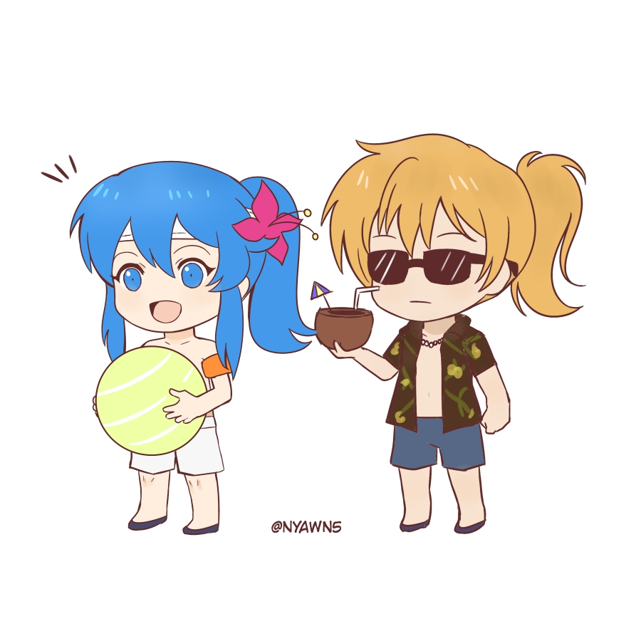 2boys, :d, alternate_costume, alternate_hairstyle, ball, beachball, blonde_hair, blue_eyes