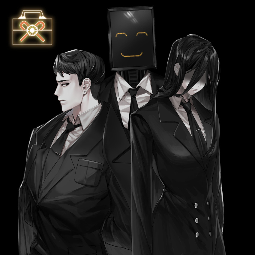 1girl, 2boys, ^_^, bada_(project_moon), black_coat, black_hair, black_jacket, black_necktie