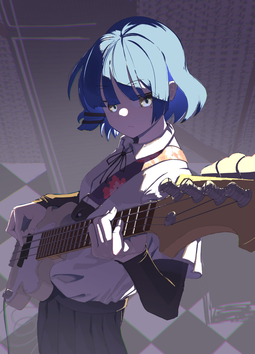 1girl, absurdres, bass_guitar, black_ribbon, blue_hair, blunt_bangs, bocchi_the_rock!, collared_shirt, commentary, cowboy_shot, electric_guitar, expressionless, fender_precision_bass, grey_skirt, guitar, hair_ornament, hairclip, highres, holding, holding_guitar, holding_instrument, instrument, looking_at_object, mole, mole_under_eye, music, neck_ribbon, playing_instrument, pleated_shirt, ribbon, satisfy027, school_uniform, shimokitazawa_high_school_uniform, shirt, short_hair, skirt, solo, tile_floor, tiles, white_shirt, yamada_ryo, yellow_eyes