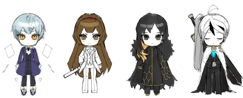 1boy, 3boys, angela_(project_moon), badge, binah_(project_moon), black_cape, black_dress, black_eyes, black_hair, blue_hair, brown_eyes, brown_hair, cape, closed_eyes, closed_mouth, colored_inner_hair, distortion, dress, full_body, gold_trim, hexagon_print, library_of_ruina, long_hair, malkuth_(project_moon), multicolored_hair, multiple_boys, project_moon, sanc_cm, short_hair, side_ponytail, simple_background, smile, streaked_hair, unfinished, very_long_hair, white_background, white_cape, white_hair, yan_vismok