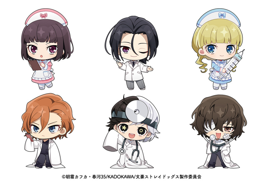 1other, 2girls, 3boys, :d, :o, aged_down, apron, bandage_on_face