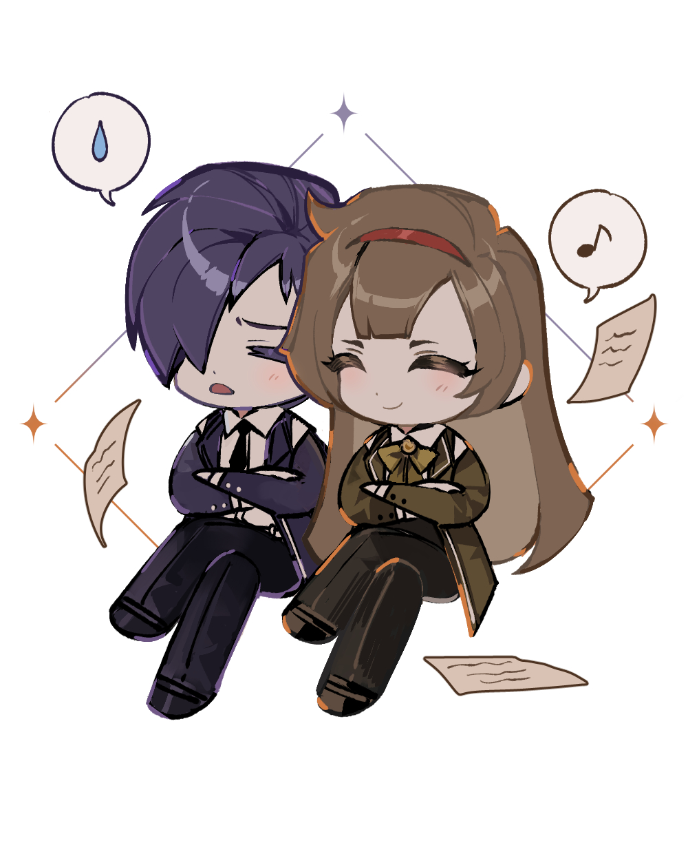 1boy, 1girl, ^_^, black_necktie, black_pants, brown_coat, closed_eyes, closed_mouth