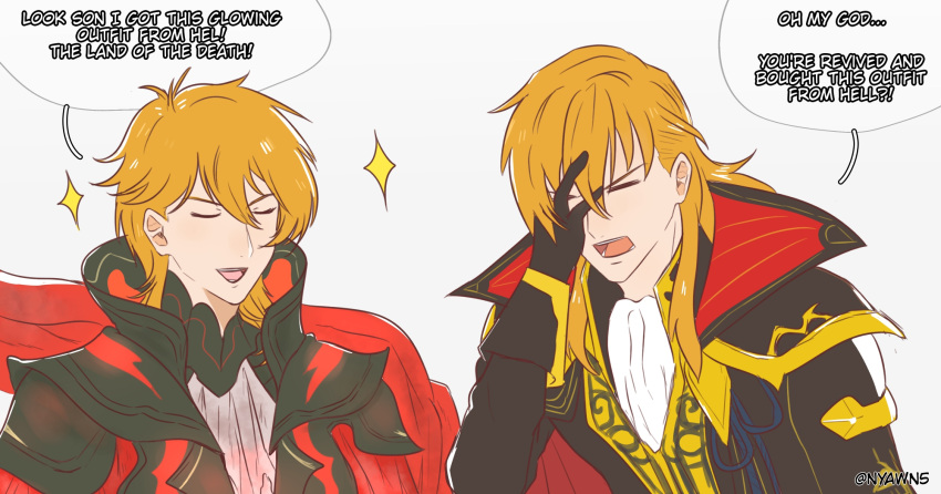 2boys, :d, ares_(fire_emblem), armor, ascot, black_armor, black_coat, black_gloves, blonde_hair, closed_eyes, coat, collared_coat, eldigan_(fire_emblem), eldigan_(resplendent)_(fire_emblem), english_text, facepalm, father_and_son, fire_emblem, fire_emblem:_genealogy_of_the_holy_war, fire_emblem_heroes, floating_scarf, gloves, gold_trim, hair_between_eyes, hair_slicked_back, high_collar, highres, long_hair, long_sleeves, male_focus, multiple_boys, nyawn5, pauldrons, popped_collar, rectangular_mouth, red_scarf, scarf, shoulder_armor, simple_background, smile, sparkle, speech_bubble, torn_clothes, twitter_username, v-shaped_eyebrows, white_ascot, white_background, wolf_cut