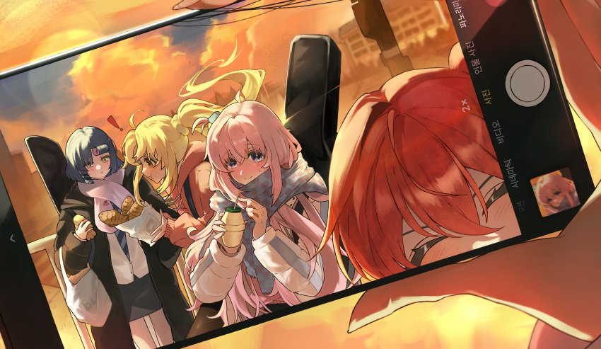 !, 4girls, bag, black_coat, blonde_hair, blue_eyes, blue_hair, blue_shawl