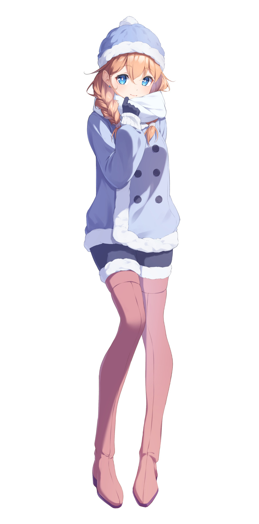 1girl, absurdres, arm_behind_back, black_gloves, blonde_hair, blue_eyes, boots, braid, brown_footwear, buttons, double-breasted, earrings, full_body, fur-trimmed_boots, fur-trimmed_jacket, fur_trim, gloves, hair_over_shoulder, highres, jacket, jewelry, knit_hat, looking_at_viewer, low-tied_medium_hair, noyk_iv, original, scarf, simple_background, solo, standing, tachi-e, thigh_boots, white_background, white_scarf, winter_clothes
