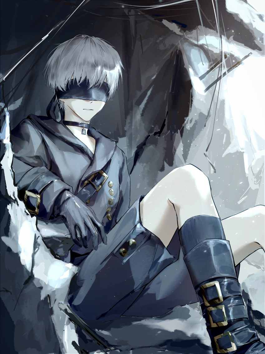 1boy, 9s_(nier:automata), absurdres, black_blindfold, black_choker, black_footwear, black_gloves, black_jacket