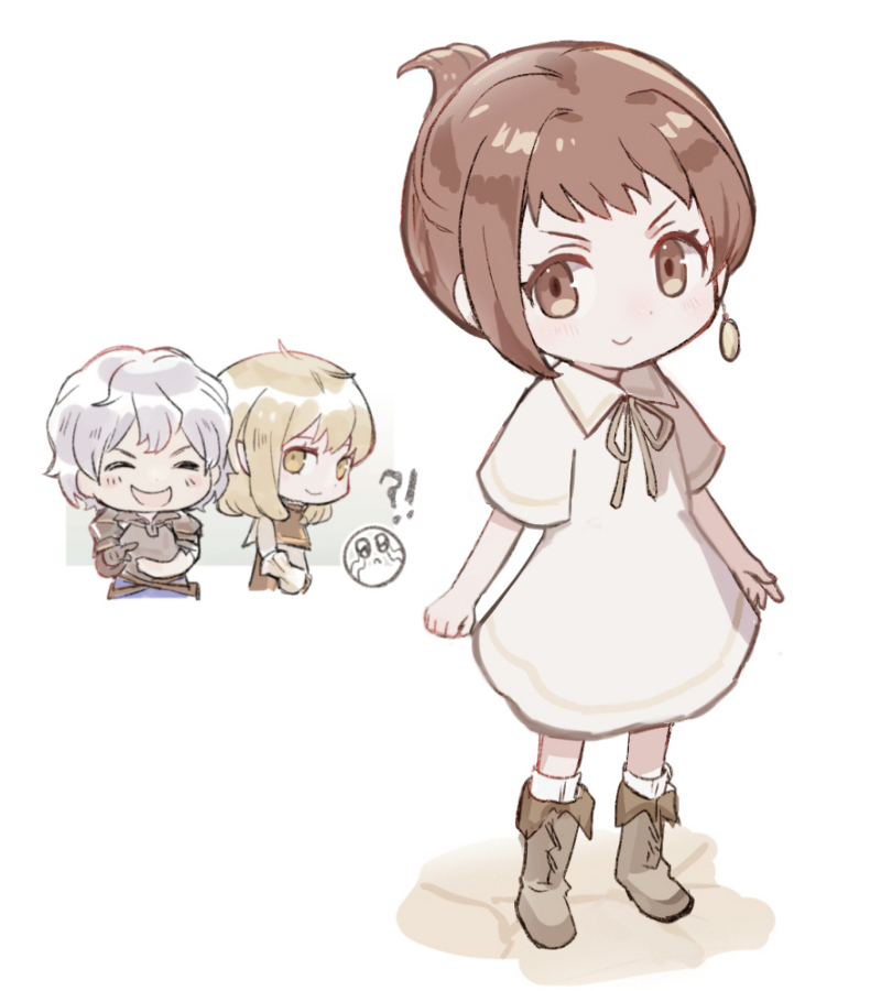 !?, 1girl, 2boys, aged_down, boots, brown_eyes, brown_footwear, brown_hair