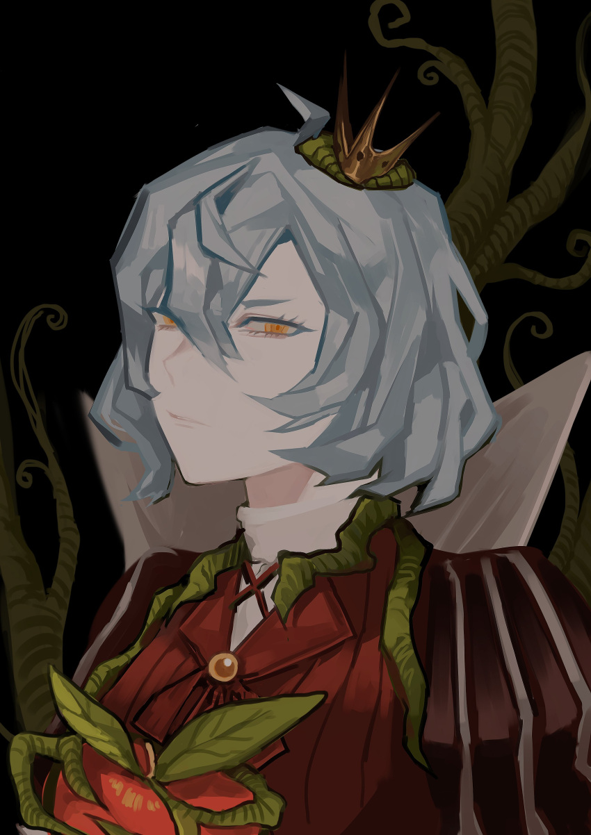 1girl, absurdres, angela_(project_moon), ascot, black_background, blue_hair, closed_mouth, dress, e.g.o_(project_moon), green_stem_(e.g.o), highres, library_of_ruina, looking_at_viewer, plant, project_moon, puff_and_slash_sleeves, puffy_short_sleeves, puffy_sleeves, red_ascot, red_dress, sanc_cm, short_hair, short_sleeves, simple_background, solo, thorns, vines, yellow_eyes