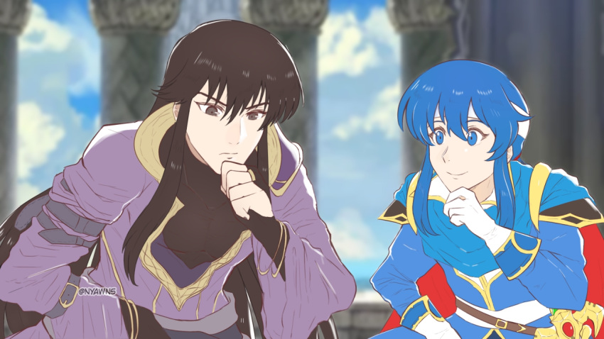 2boys, arm_belt, arm_support, armor, belt, black_gloves, black_hair, black_shirt
