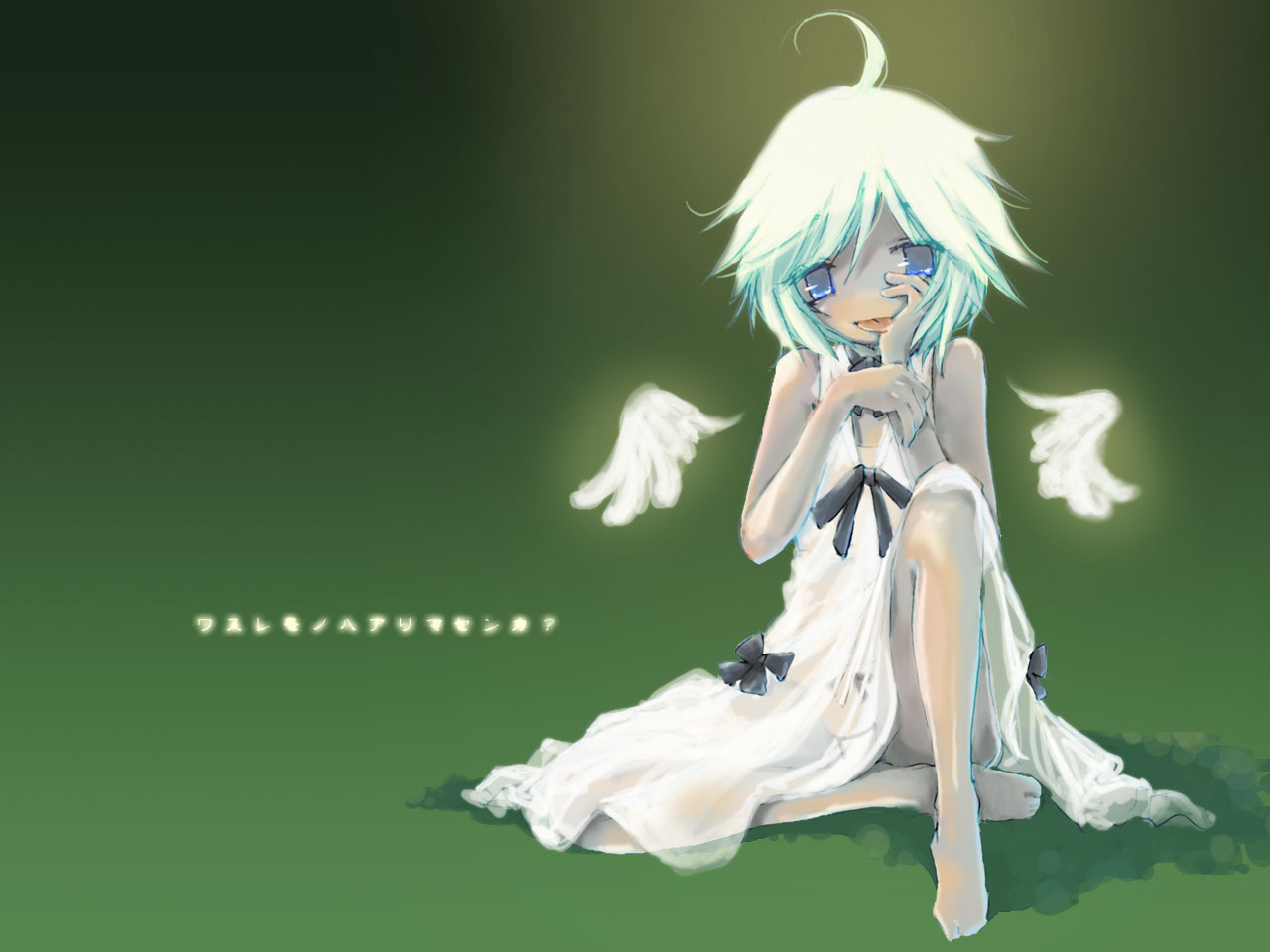 :p, angel, angel_wings, barefoot, blue_eyes, bow, dress, leg_up