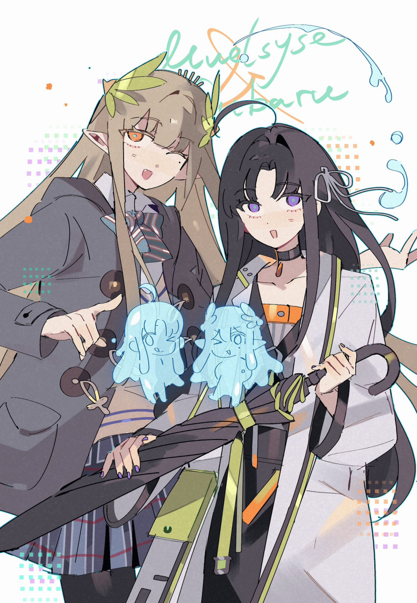 2girls, ahoge, arknights, awa_subaru, awa_subaru_(cosplay), black_choker, black_pantyhose, black_umbrella