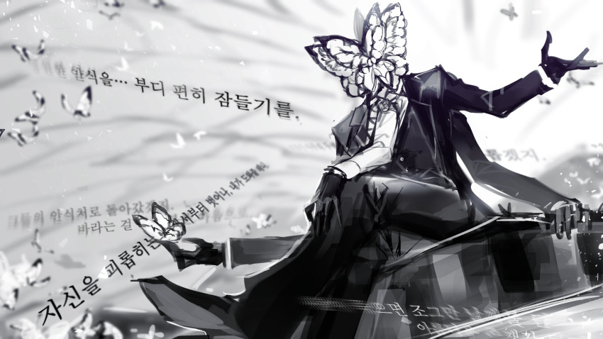 1boy, animal_head, arm_up, black_coat, black_footwear, black_gloves, black_pants, bug