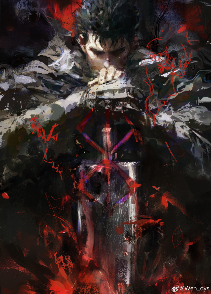 1boy, abstract, abstract_background, absurdres, armor, berserk, black_armor, black_hair, closed_eyes, commentary_request, dragonslayer_(sword), greatsword, guts_(berserk), highres, holding, holding_sword, holding_weapon, huge_weapon, male_focus, planted, planted_sword, prosthesis, prosthetic_arm, scar, scar_on_face, scar_on_nose, short_hair, solo, spiky_hair, sword, weapon, wendys008