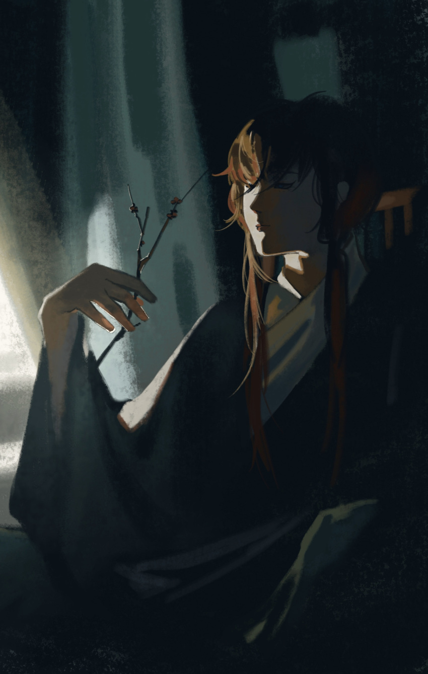 1girl, absurdres, aqua_theme, branch, brown_hair, chair, chinese_clothes, dark