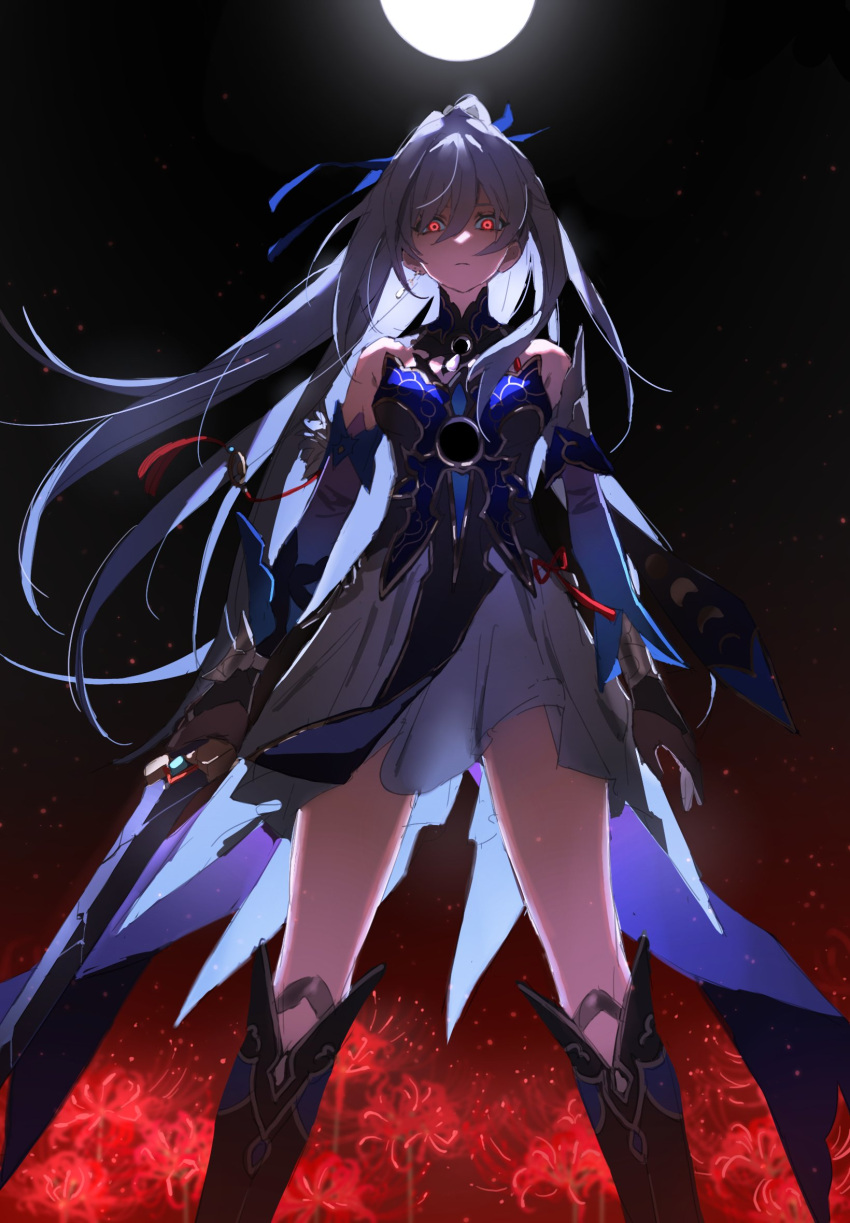 0p78xopwsj83779, 1girl, bare_shoulders, black_background, blue_dress, blue_sleeves, closed_mouth, detached_sleeves, dress, feet_out_of_frame, flower, full_moon, hair_between_eyes, high_ponytail, highres, holding, holding_sword, holding_weapon, honkai:_star_rail, honkai_(series), jingliu_(honkai:_star_rail), long_sleeves, moon, ponytail, red_eyes, red_spider_lily, solo, spider_lily, sword, weapon