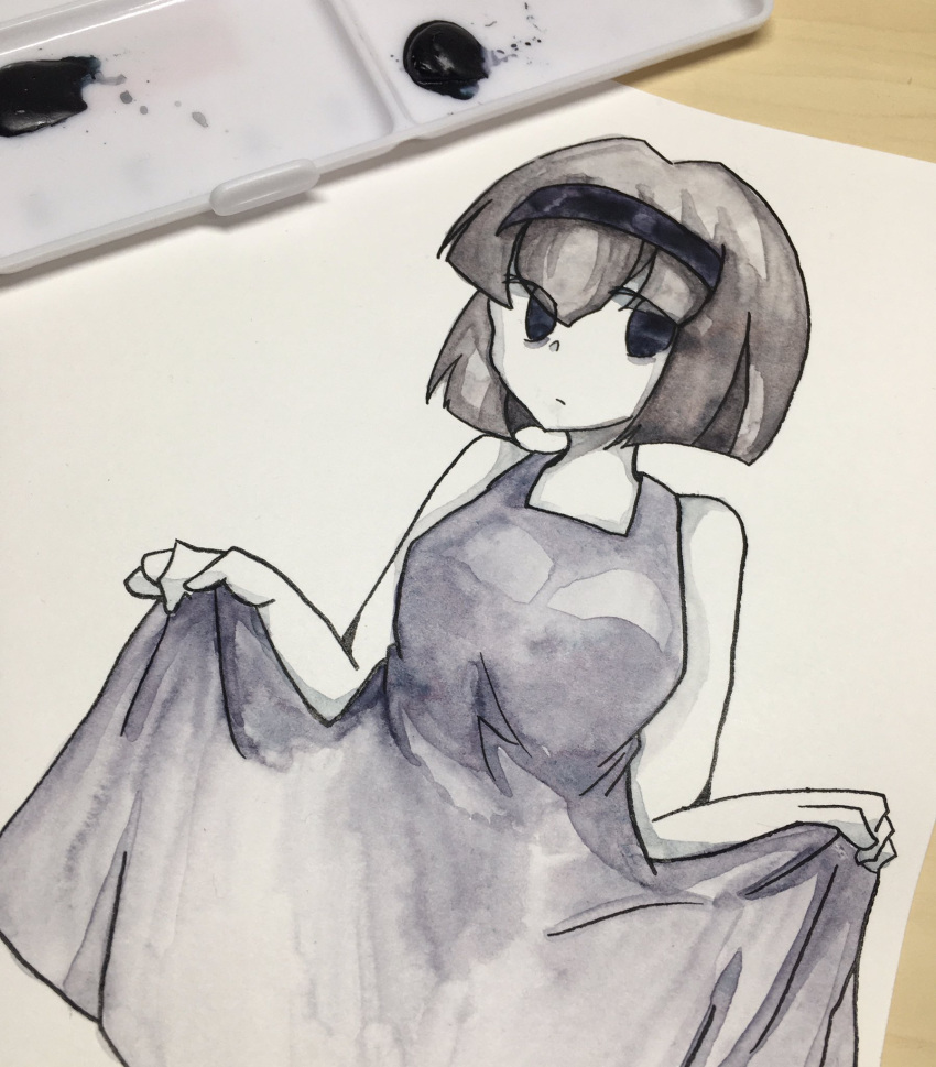 1girl, art_tools_in_frame, bob_cut, closed_mouth, clothes_lift, dress, dress_lift, expressionless, grey_dress, highres, looking_at_viewer, oniyanoko_love, painting_(medium), pale_skin, photo_(medium), r_dorothy_wayneright, short_hair, sleeveless, sleeveless_dress, solo, the_big_o, traditional_media, watercolor_(medium)