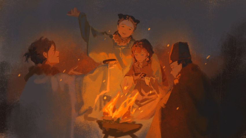 2boys, 2girls, absurdres, bowl, chinese_clothes, fire, fur_collar, hanfu