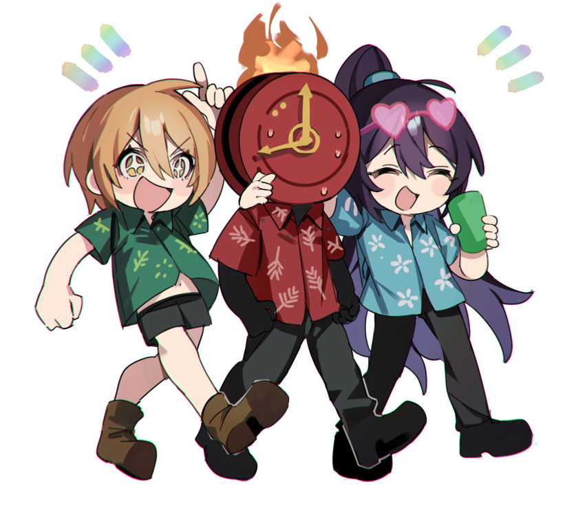 1boy, 1girl, 1other, black_footwear, black_hair, black_pants, black_skin, blonde_hair