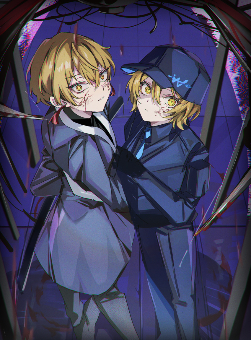 absurdres, armor, baseball_cap, belt, black_belt, black_gloves, black_pants, black_undershirt, blade_lineage_(identity)_(project_moon), blonde_hair, blood, blood_on_face, blue_armor, blue_hat, blue_necktie, blue_vest, don_quixote_(project_moon), foreshortening, from_above, gloves, hat, head_tilt, highres, kqe-1j-23, limbus_company, long_sleeves, looking_at_viewer, mu46016419, necktie, pants, parted_lips, project_moon, sinclair_(project_moon), vest, w_corp._(identity)_(project_moon), yellow_eyes