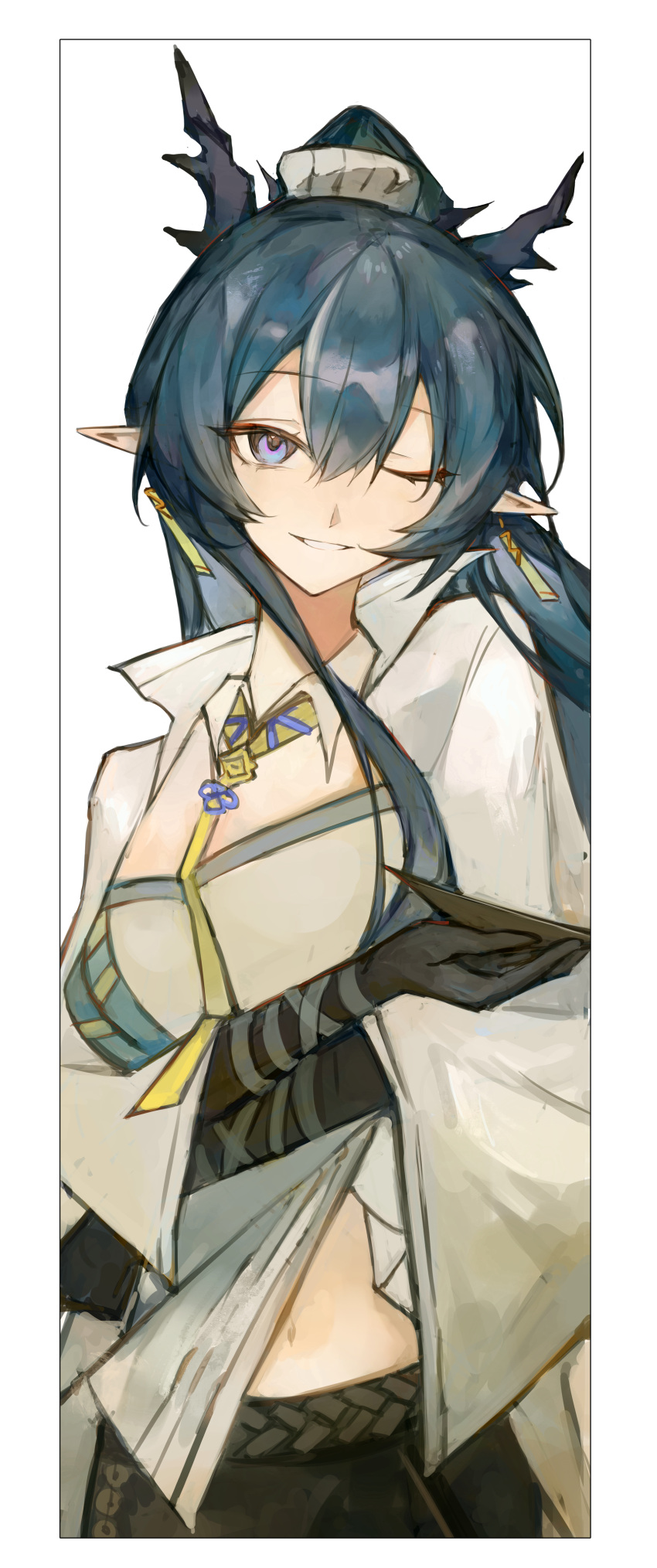 1girl, absurdres, arknights, black_gloves, blue_hair, border, breasts, chinese_knot