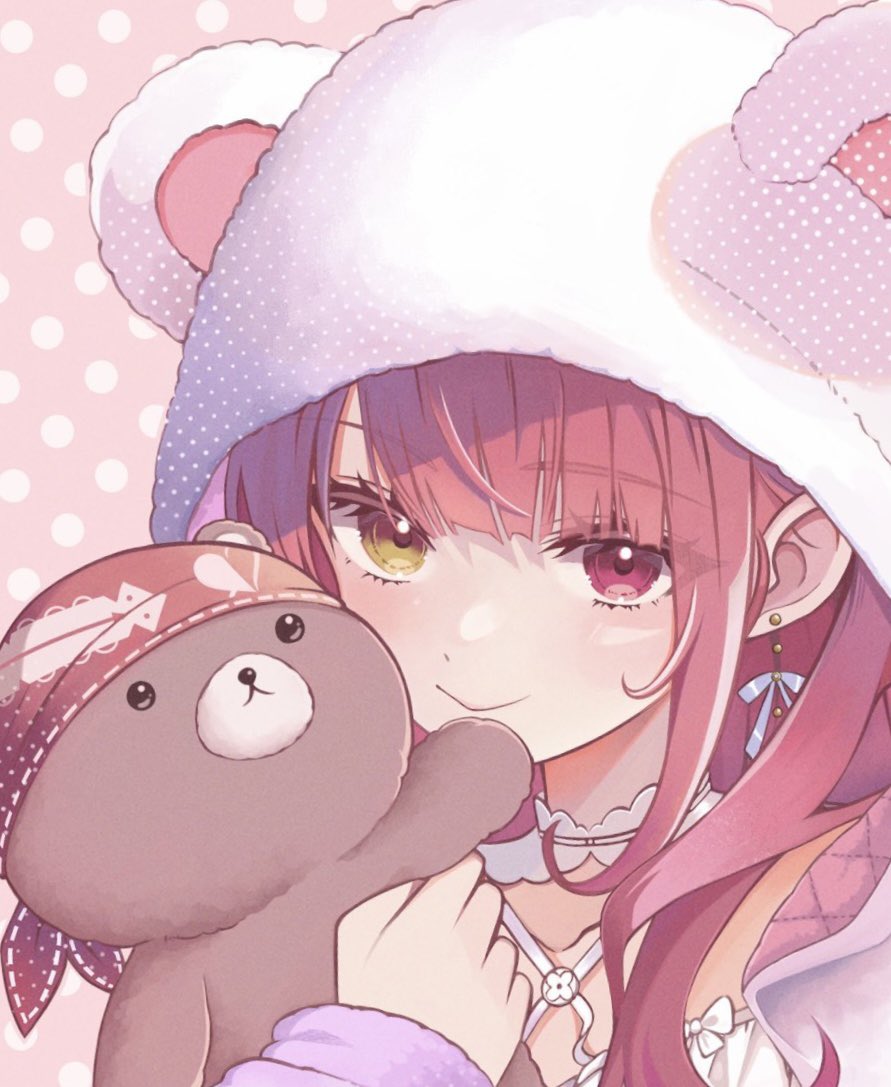 1girl, collarbone, heterochromia, holding, holding_stuffed_toy, hololive, houshou_marine, houshou_marine_(8th_costume)