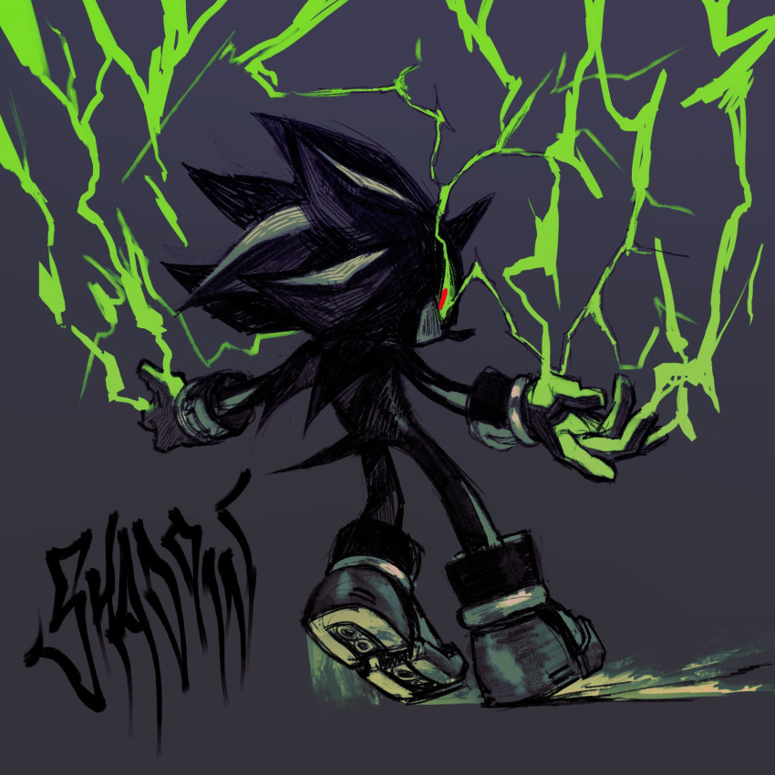 1boy, back, black_fur, boots, character_name, colored_sclera, electricity, electrokinesis