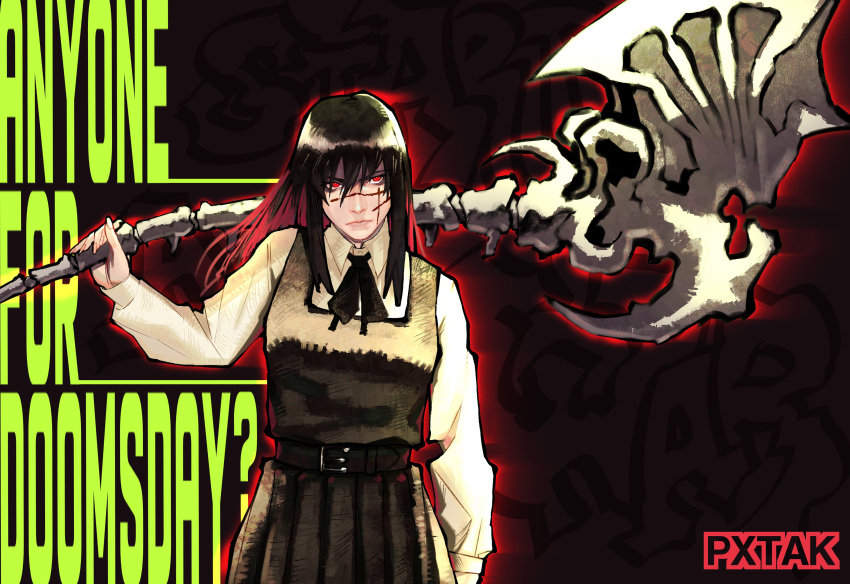 absurdres, axe, battle_axe, belt, black_background, black_belt, black_dress, black_hair